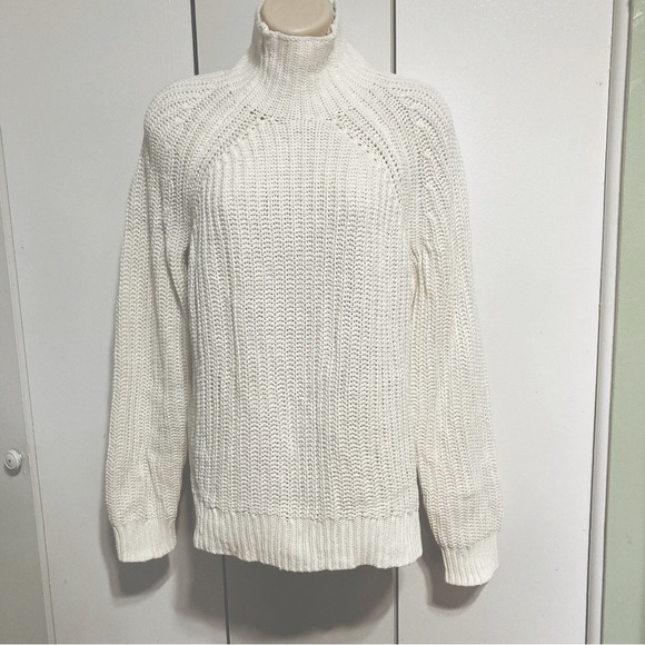 GAP Cotton Ribbed Shaker Knit Funnel Turtleneck Tunic Sweater Creamy White - Picture 2 of 12